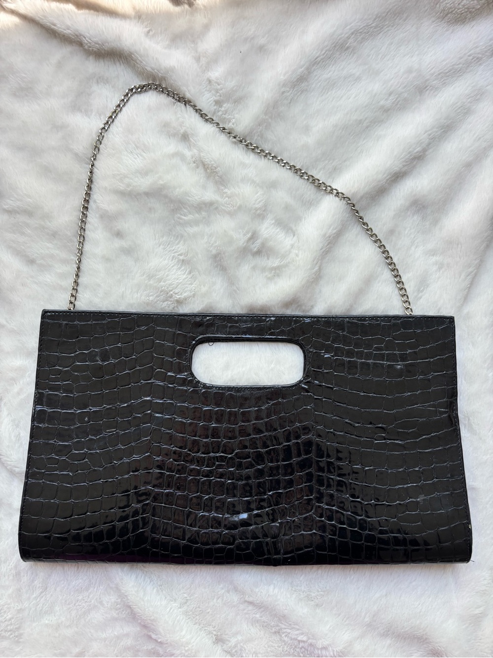 Black Croc-Embossed Chain Strap Clutch